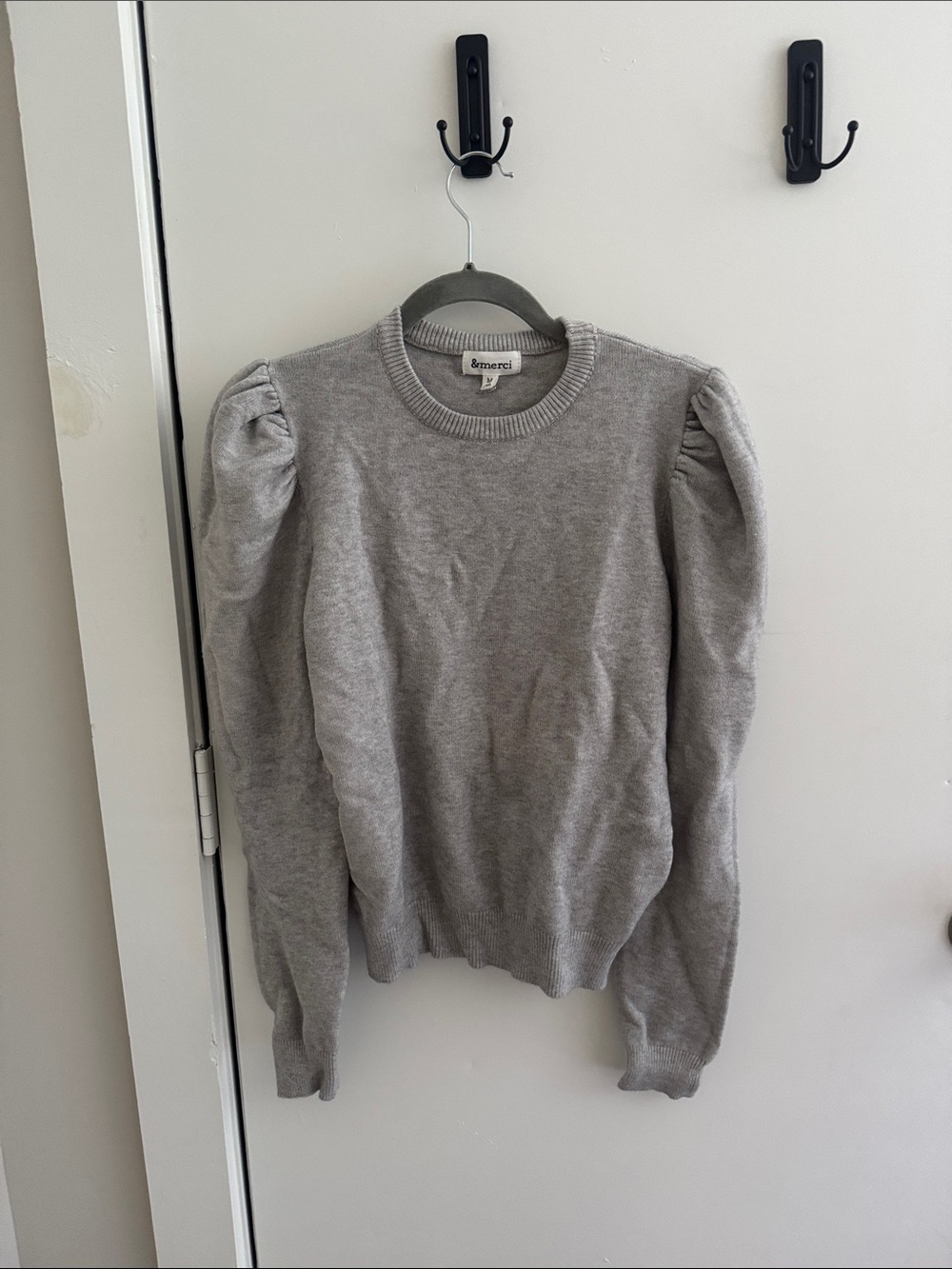 Mercci Gray Puff-Sleeve Crewneck Sweater